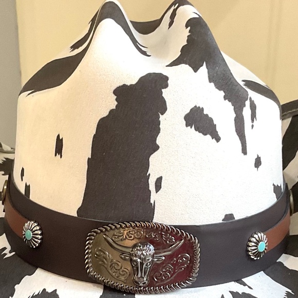 COW PRINT WESTERN LONG HORN STRAP COWBOY HAT - Picture 4 of 15